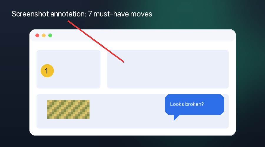 Browser UI mockup with red arrow, yellow circle, numbered step callout, blue speech bubble, and mosaic redaction overlays